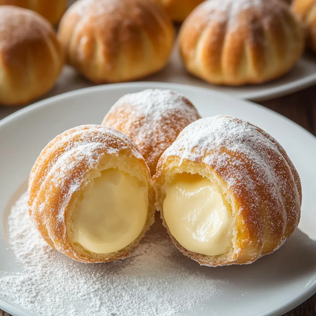 Bomboloni, italienische Krapfen gefüllt mit Vanillecreme und mit Puderzucker bestäubt