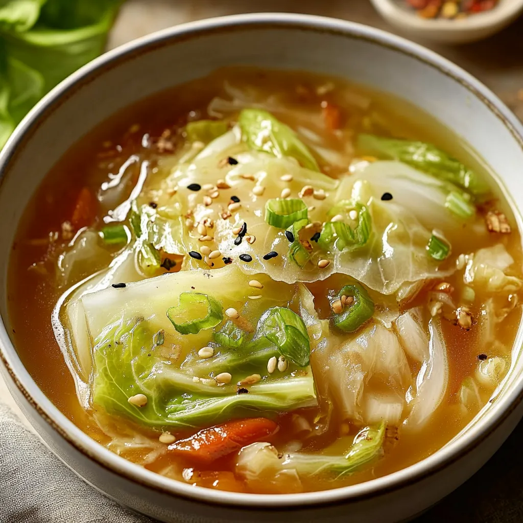 Chinesische Suppe mit Chinakohl, Karotten und Knoblauch mit Sojasoße verfeinert