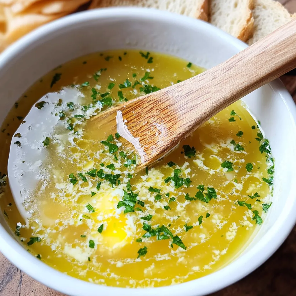 Knoblauchsuppe mit Ei und Safran, bestreut mit Petersilie und Zitronensaft