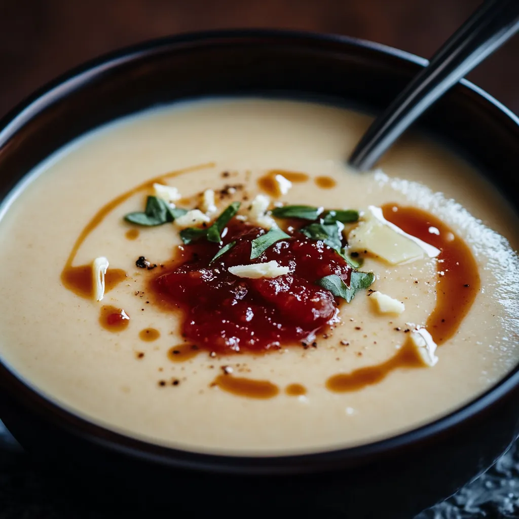 Suppe mit Asiago, Kartoffeln und Tomatenmarmelade