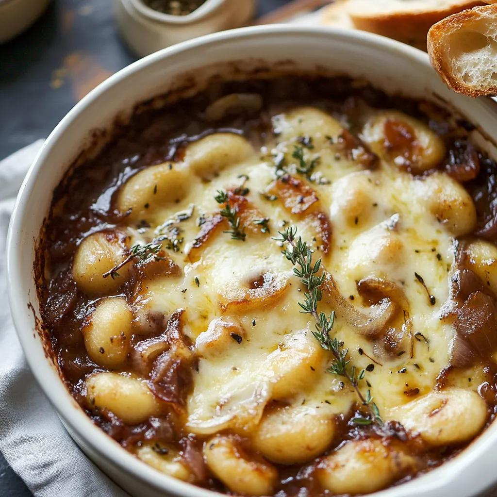 Geschmolzene Gnocchi mit überbackenem Gruyère und geschmorten Zwiebeln