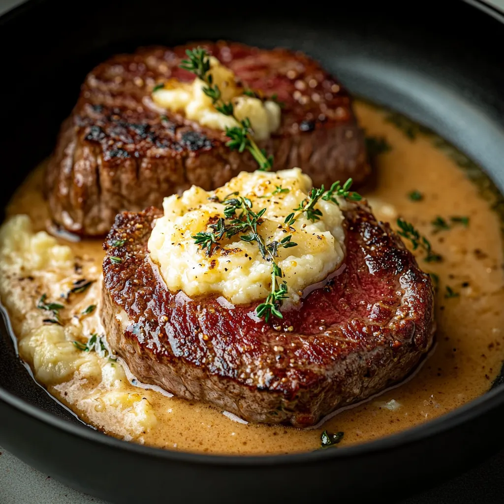 Rumpsteaks mit cremiger Whiskysoße überzogen