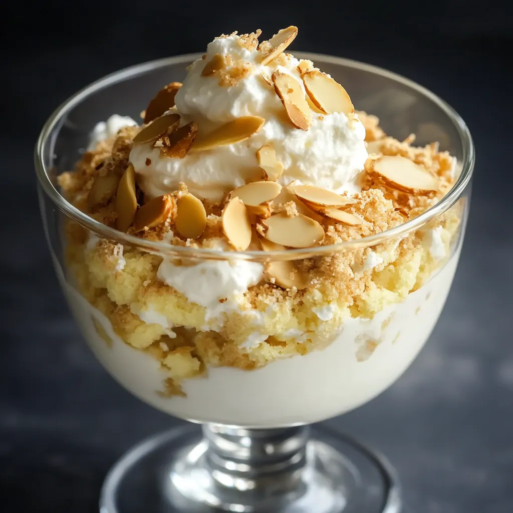 Luftiges Dessert mit Sahne, schottischem Whisky, Gebäckstücken und bestreut mit Mandeln.