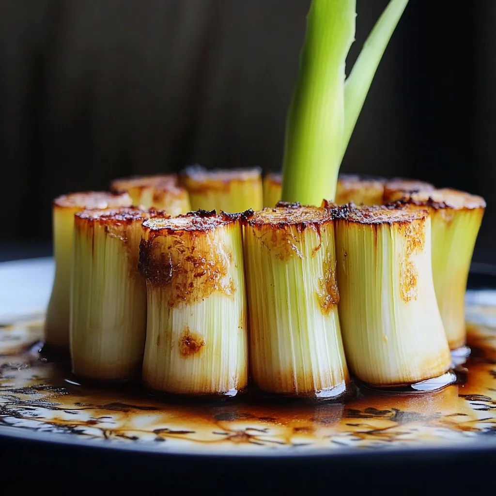 Zarte Lauchstangen geschmort in aromatischer Dashi-Miso-Sauce