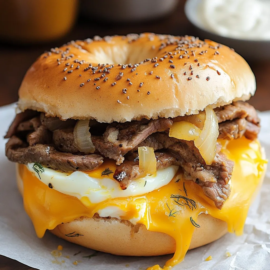 Herzhaftes Bagel-Sandwich mit Steak, Ei und Käse wie von McDonald’s