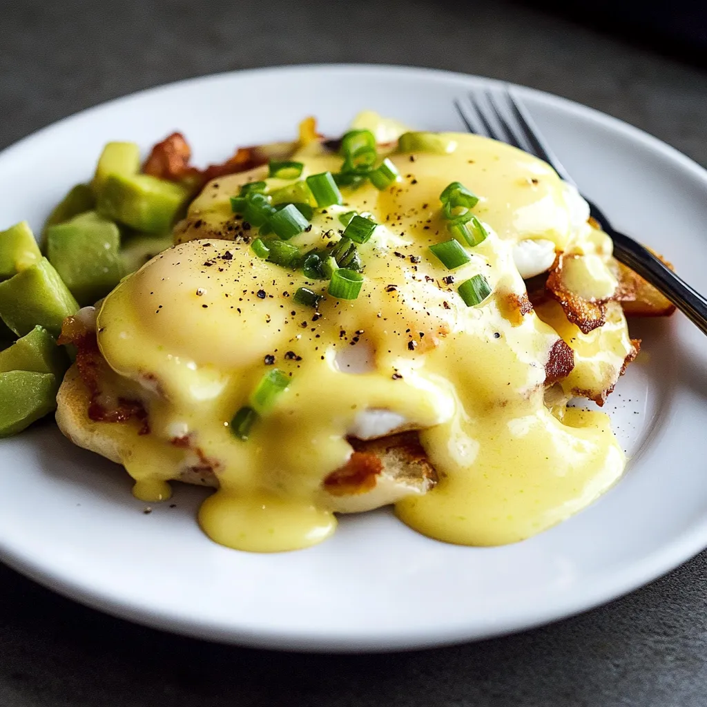 Leckere Eier Benedict mit grünem Chili und Bacon