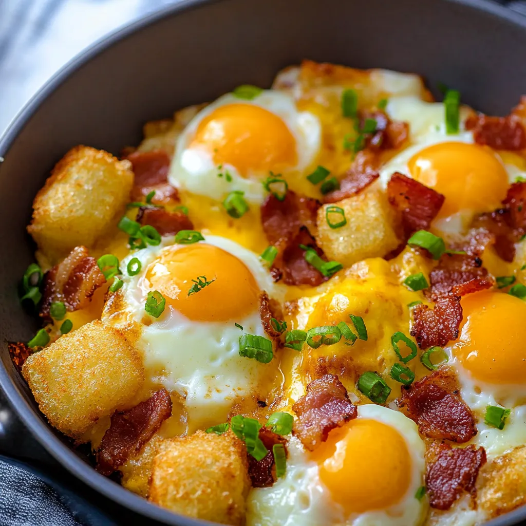 Knusprige Frühstücks-Totchos mit Bacon, Eiern & Käse