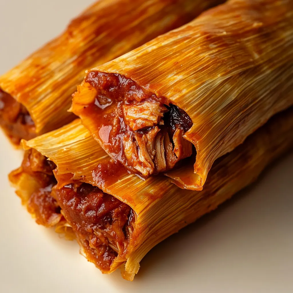Tamales mit saftigem Schweinefleisch und roter Chili, frisch gedämpft