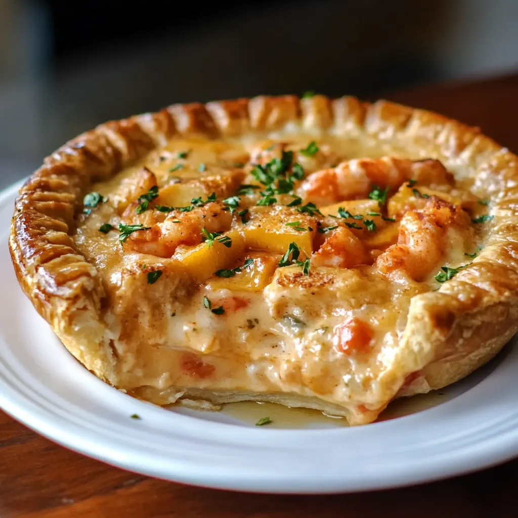 Ein saftiger Cajun-Meeresfrüchte-Pie frisch aufgeschnitten