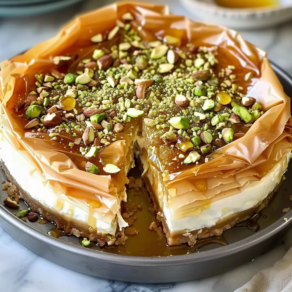 Frischer Baklava-Käsekuchen mit Honig und Pistazien