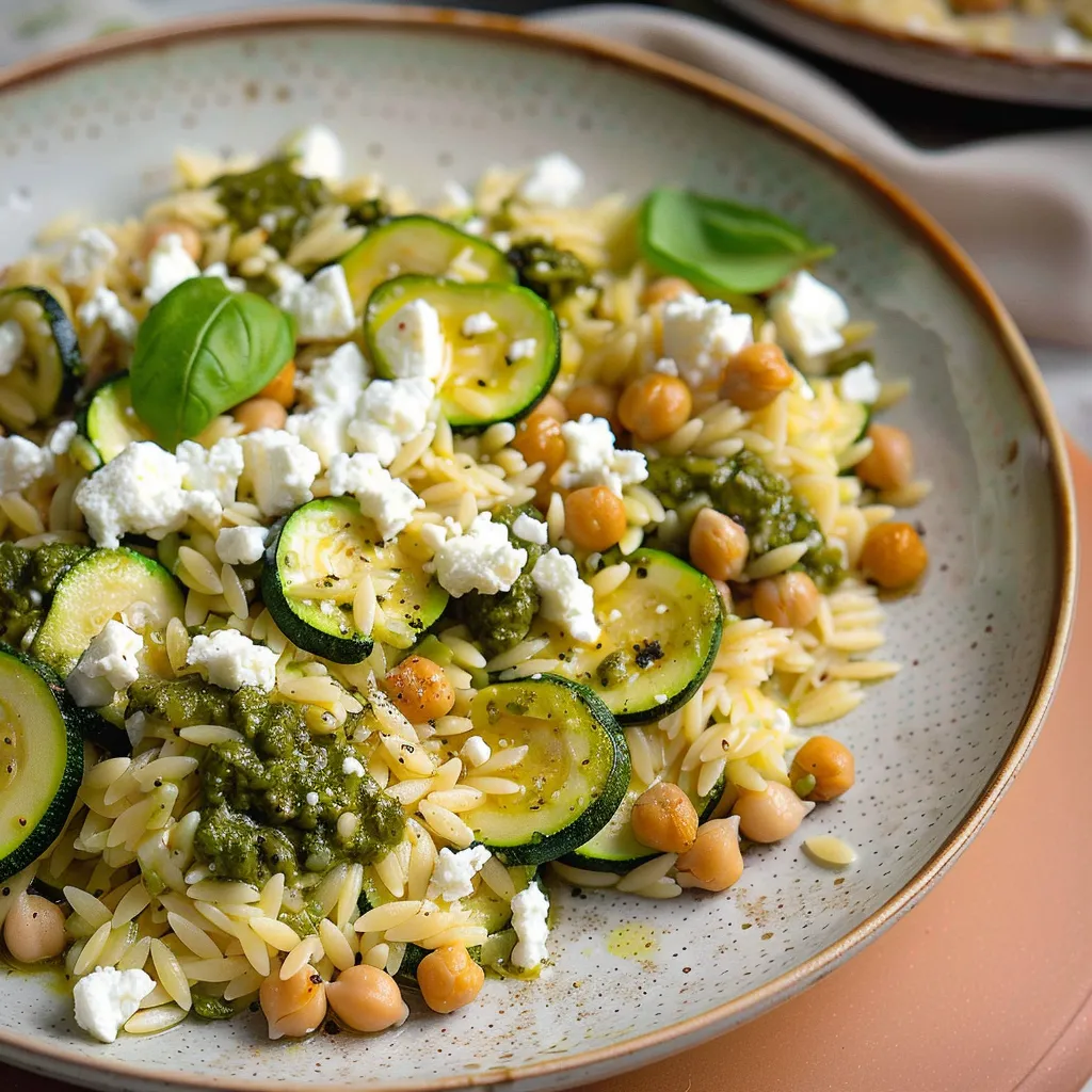 Orzo mit Zucchini, Pesto und cremiger Feta