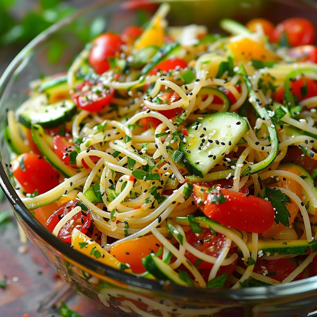 Italienischer Spaghettisalat mit knackigem Gemüse frisch angerichtet