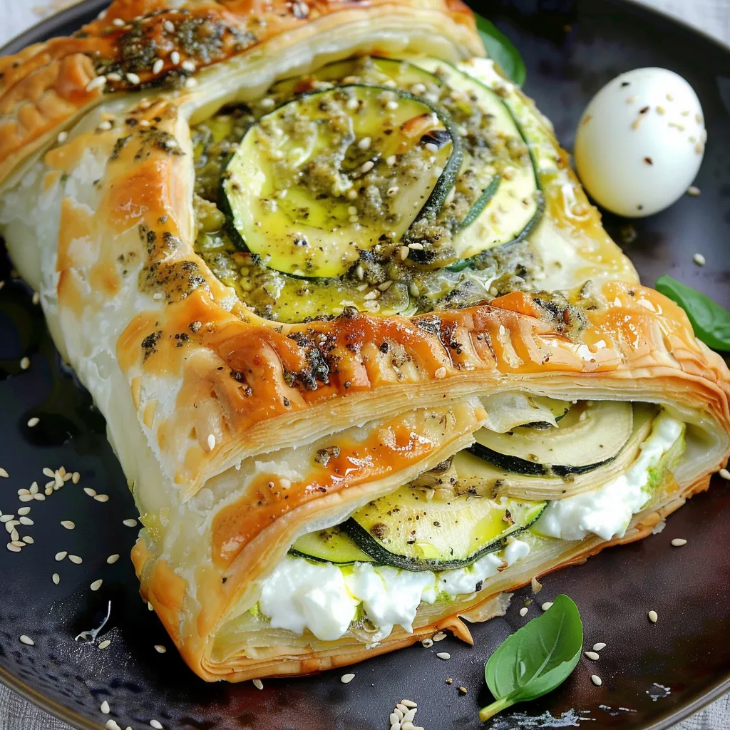 Zucchini-Blätterteig mit Pesto und Burrata