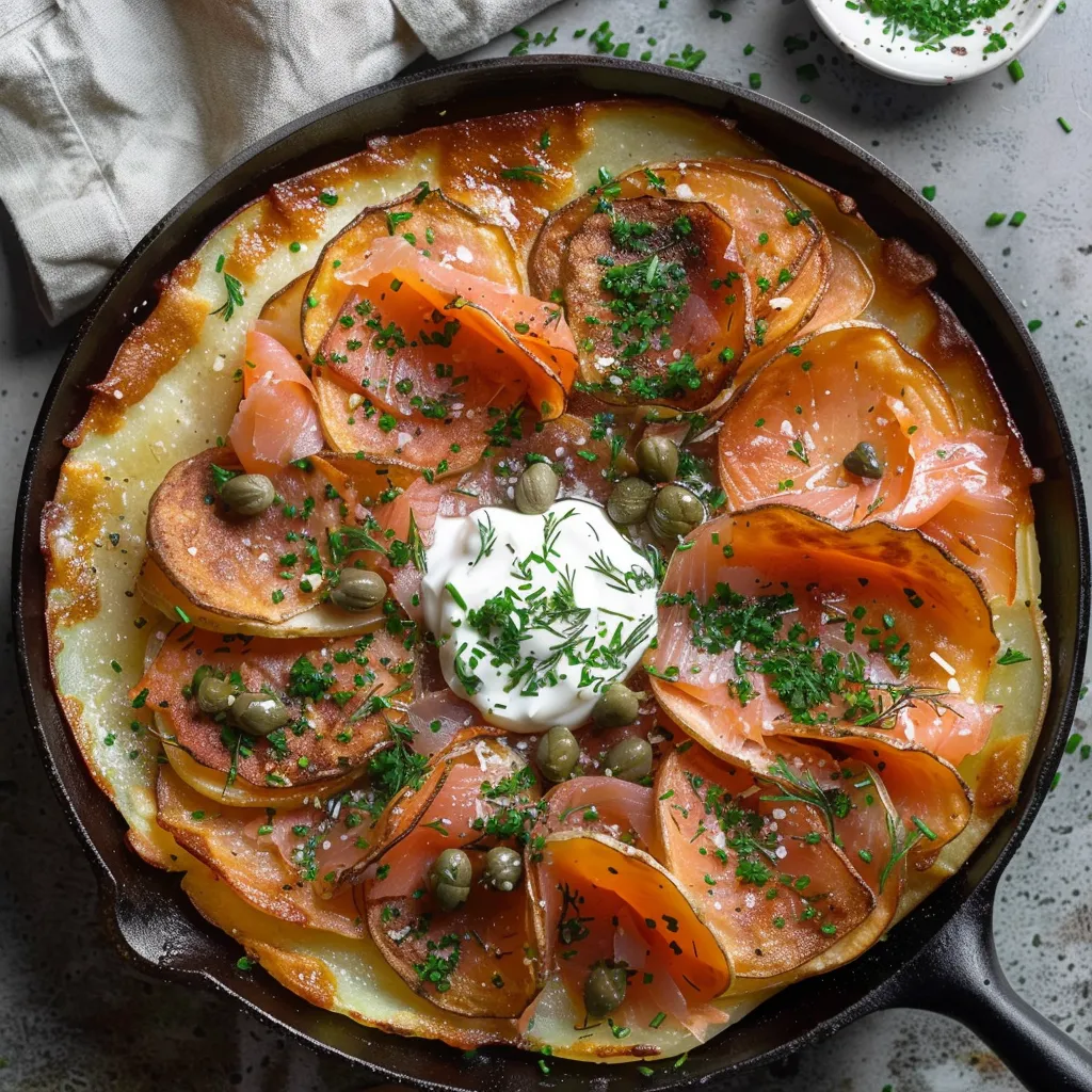 Knuspriger Kartoffelpuffer, Lachs und Schmand
