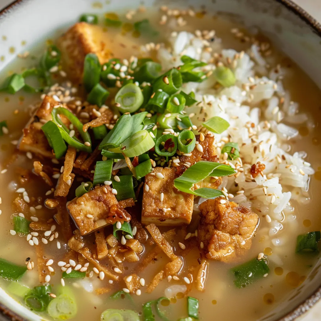 Genieße cremige Miso-Ingwer-Suppe mit knusprigem Tofu