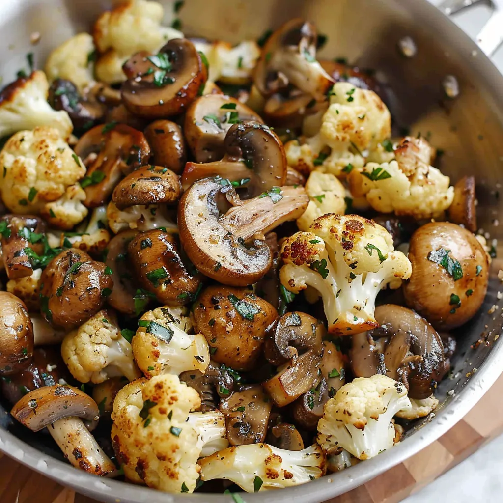 Gebratene Champignons mit Knoblauch und Blumenkohl