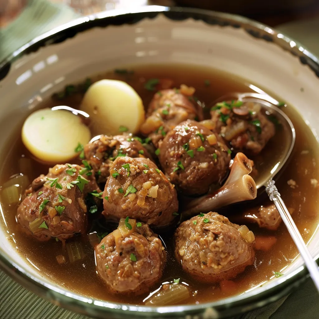 Saftige Fleischbällchen mit zarter Schweinshaxe in cremiger Soße