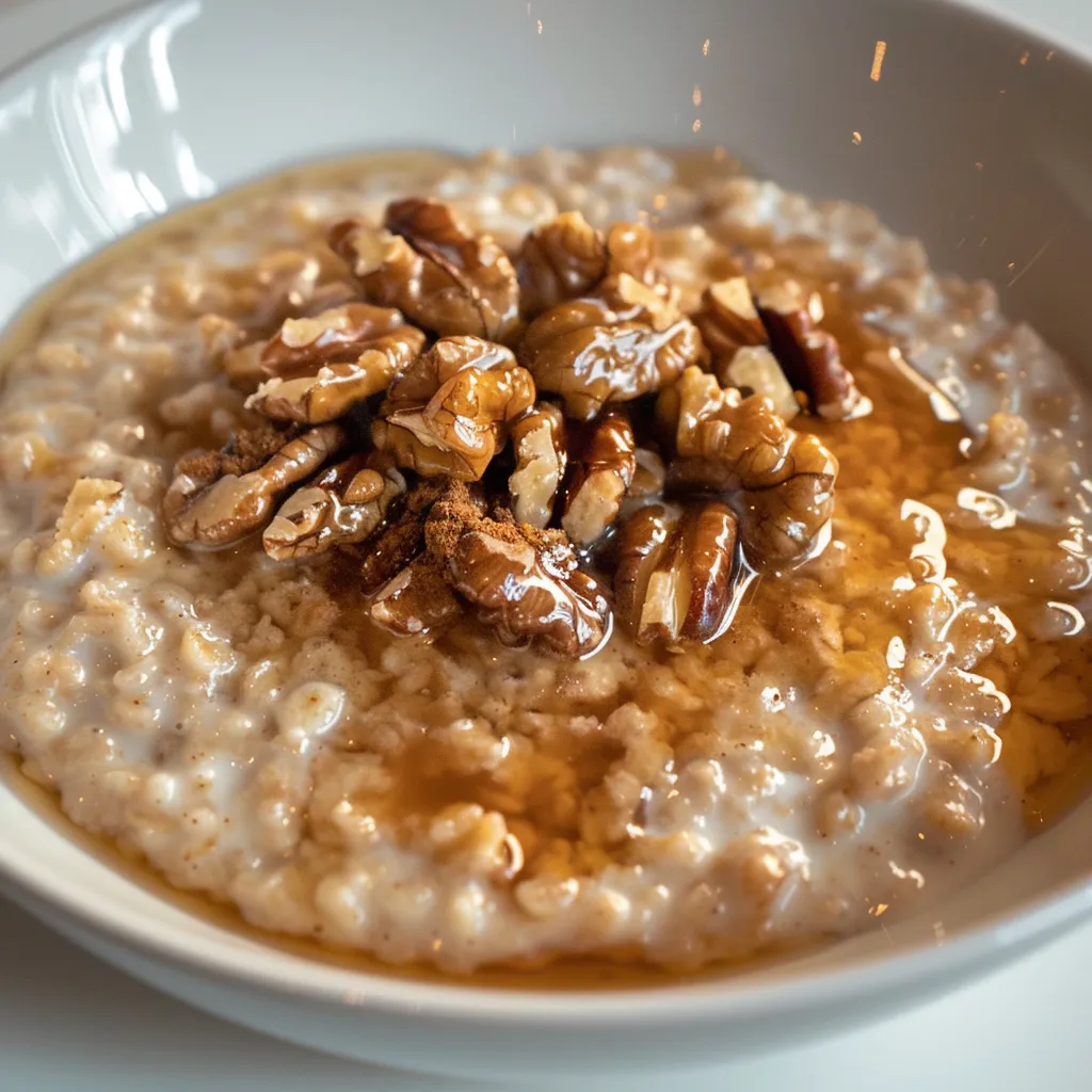 Herzhaftes Haferporridge mit Ahornsirup und Nüssen für ein entspanntes Frühstück