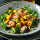 Ein farbenfroher Salat mit Garnelen, Mango, Avocado und frischen Kräutern auf Salatblättern, garniert mit Dressing.