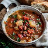 Eine Schüssel bunter Suppe mit Gemüse, Bohnen und Kräutern, dazu Brot auf einem Holztisch.