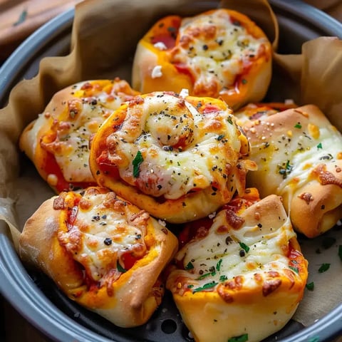 Ein Teller mit herzhaften gefüllten Brötchen, verfeinert mit Tomatensoße, geschmolzenem Käse und frischen Kräutern.