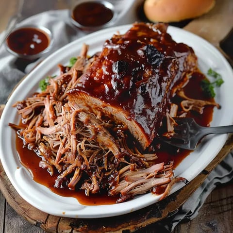 Ein Teller mit gezupftem Schweinefleisch, überzogen mit BBQ-Sauce, zusammen mit Brötchen und zusätzlichen Saucen.