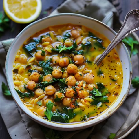 Kurkuma-Suppe mit Kichererbsen, Orzo und Spinat