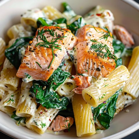 Cremige Lachs-Spinat-Pasta, ein leckeres und nahrhaftes Gericht für jede Gelegenheit.