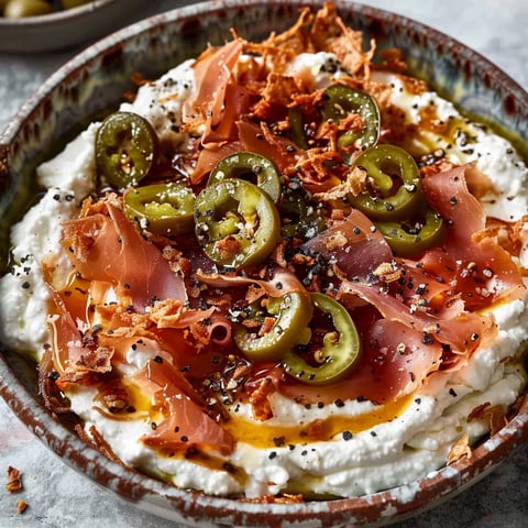 Fluffiger Ricotta-Dip mit Knusper-Mortadella und würzigem Honig